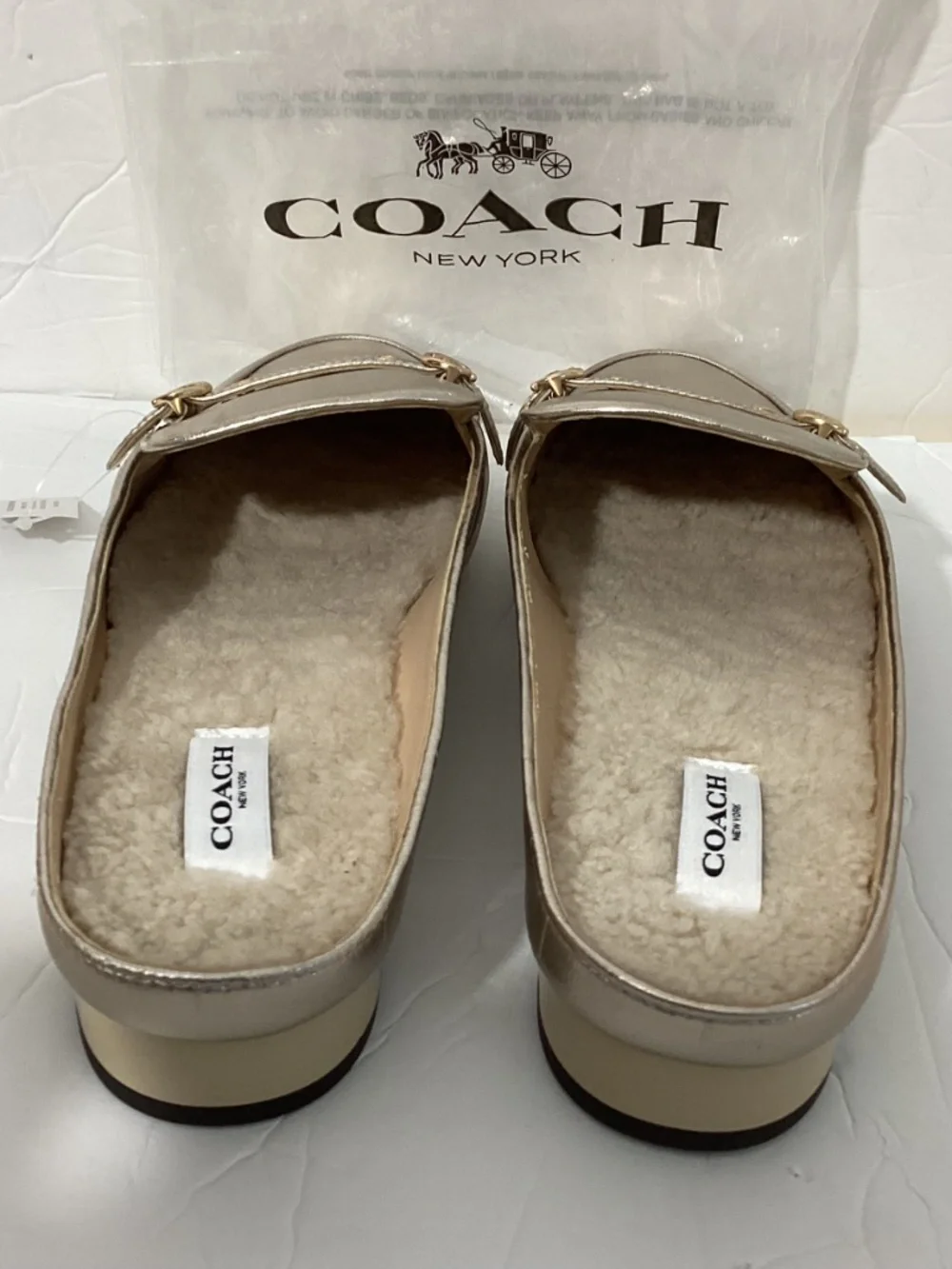 NEW W/OUT BOX COACH MULES IRENE METALLIC GOLDEN SHEARLING LINING